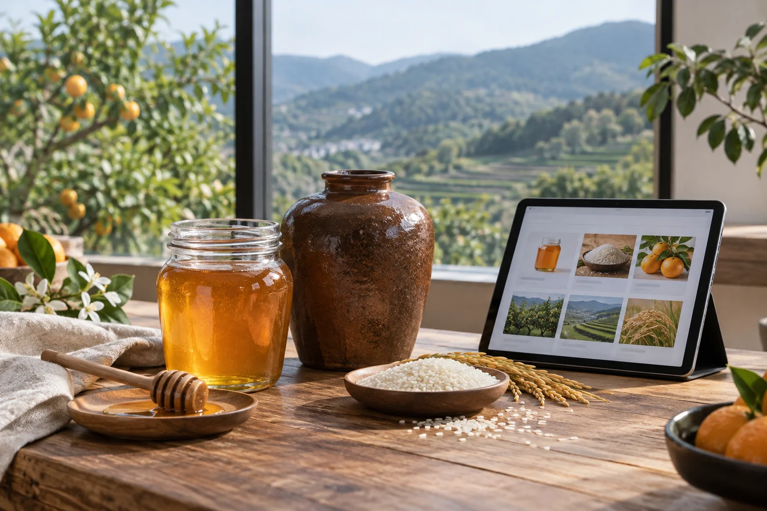 蜂蜜、陶制酒壶与数字商品展示设备，AI 生成示意